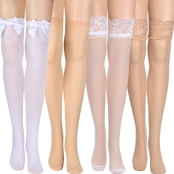𝅺SILK Thigh High Stockings Women Lace Silicone Socks Satin Bow Top Sexy NWT - Picture 1 of 8
